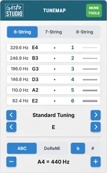 TuneMap app met gitaarstemfrequenties en noten voor standaard E-stemming
