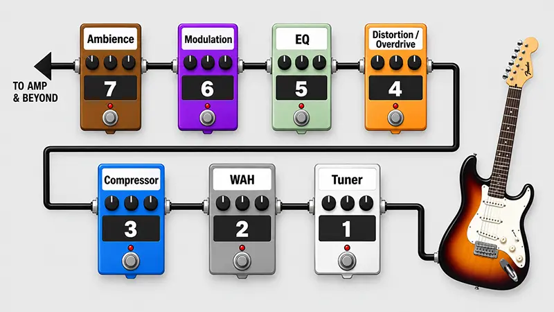 Volgorde van gitaarpedalen en effectpedalen op een pedalboard
