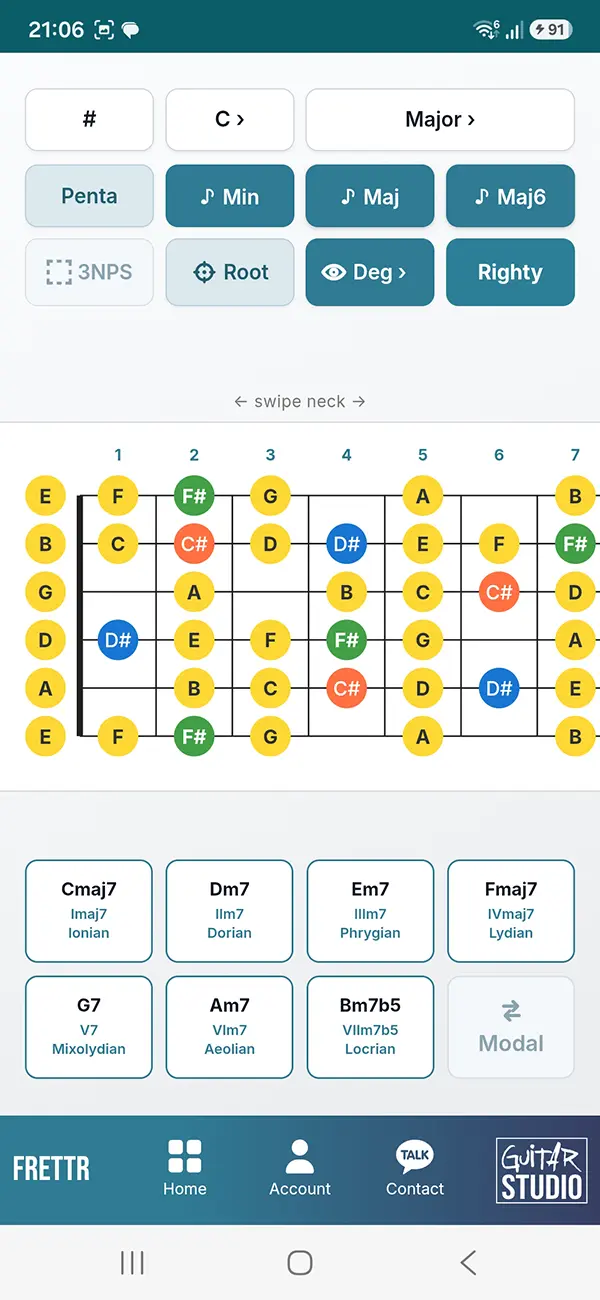 FRETTR gitaar fretboard tool voor toonladders, modes en intervallen