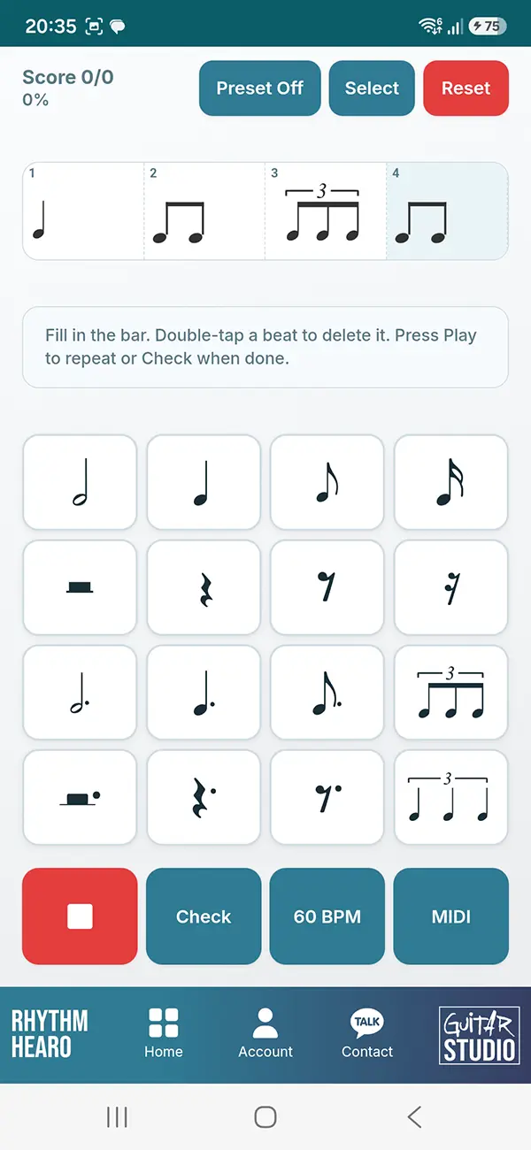 Rhythm Hearo ritme gehoortraining in de Guitar Training Studio app