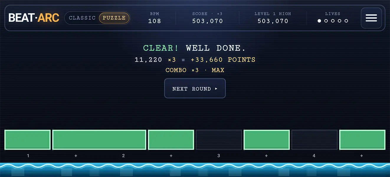 Beat·Arc retro ritme game tijdens het spelen
