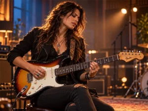 Vrouwelijke gitarist speelt elektrische gitaar met techniek, feel, timing en muzikaliteit