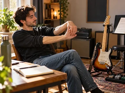 Gitarist neemt een korte pauze tijdens het oefenen en stretcht zijn handen in een thuisstudio