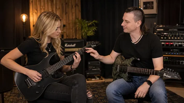 Wouter Baustein met gitaar voor privé gitaarles in Vlaams-Brabant