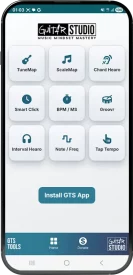 Guitar Training Studio App tools interface showing metronome, groove trainer, scale map and chord functions – Wouter Baustein – Guitar Training Studio