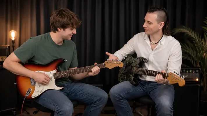 Wouter Baustein met gitaar voor privé gitaarles voor Leuven en omgeving