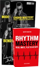 Mastery-boekenreeks met gitaarboeken van Wouter Baustein: Rhythm Mastery, Chord Mastery, Mode Mastery en Bend Mastery