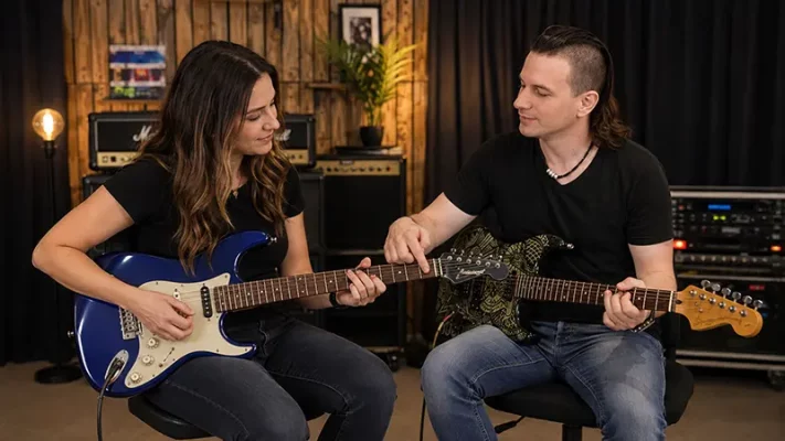 Wouter Baustein met gitaar voor privé gitaarles in Vlaams-Brabant